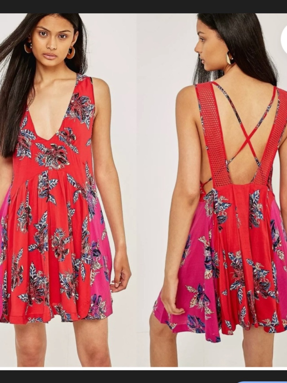 Free People Red and Pink Floral Criss-Cross Mini Dress